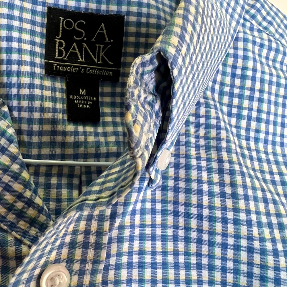 Jos. A. Bank dress shirt. Medium, blue, green, hint of yellow checkered.